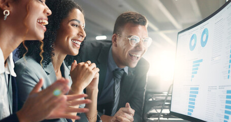 Aufkleber - Happy, statistics and business people on computer for finance, research and stock trading in office. Cryptocurrency, fintech and men and women celebrate on screen for profit, chart and data analysis
