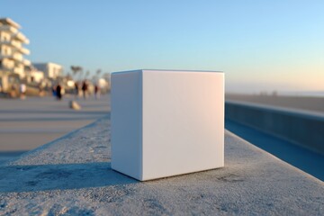 Poster - A white cube rests on a concrete ledge overlooking a blurred beach scene, providing a blank canvas for graphics or logo placement with a serene backdrop.