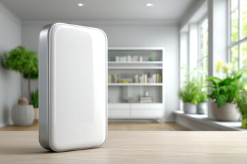 Poster - A modern, minimalistic mock-up design of a display device in a bright, airy interior, showcasing its sleek form and potential for digital advertising or interface presentation.