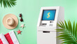 © Iryna - Sleek white ATM with dollar sign screen, summer backdrop with beach items, seasonal finance convenience