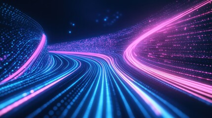 Poster - Abstract glowing digital tunnel with pink and blue light trails.