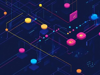 Poster - Isometric network diagram, conceptual visualization of digital systems