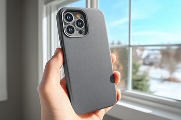 Poster - A close-up of a hand holding a modern smartphone with a textured gray case, showcased against a bright window with a snowy outdoor background, emphasizing technology.