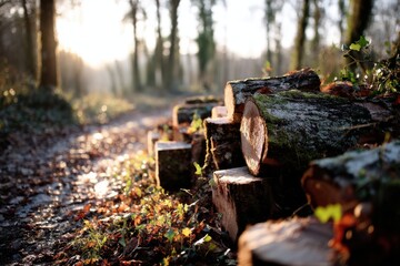 Poster - A peaceful scene of logs stacked in a forest glade bathed in the warm glow of morning light, creating a serene and inviting atmosphere in nature.