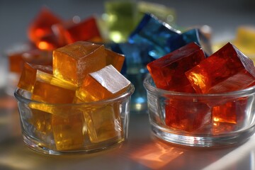 Poster - close-up shot of translucent colorful cubes in glass bowls, showcasing orange, red, blue, and green 