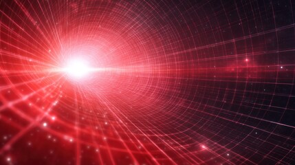 Poster - Abstract red tunnel with light at the end, grid pattern, space theme.