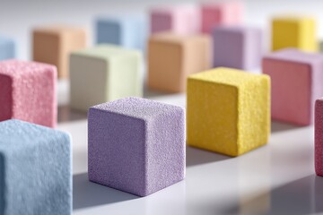 Poster - A colorful collection of textured cubes, arranged in a playful composition, creating a vibrant and eye-catching abstract geometric pattern with soft pastel shades.