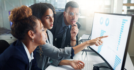 Leinwandbilder - Teamwork, statistics and business people on computer in office for stock trading, research and finance. Collaboration, fintech and men and women on pc screen with graph, chart and data analysis
