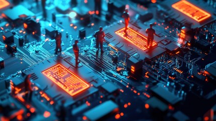 Fototapete - Miniature figures on a complex circuit board, representing the concept of human connection within technology.