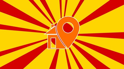 Poster - Real estate location symbol on the background of animation from moving rays of the sun. Large orange symbol increases slightly. Seamless looped 4k animation on yellow background
