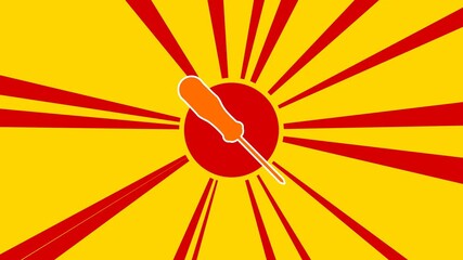 Poster - A screwdriver symbol on the background of animation from moving rays of the sun. Large orange symbol increases slightly. Seamless looped 4k animation on yellow background