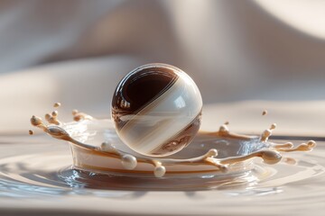 Poster - A captivating studio shot of a patterned sphere impacting a liquid surface, creating a splash, isolated on a light neutral colored background, detailed and glossy surface.