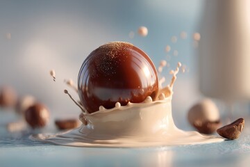 Poster - A delightful chocolate ball falling into creamy milk, creating a splash and adding a touch of sweetness to your day with a cascade of flavors, delicious treat.