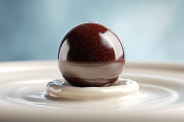 Poster - A glossy chocolate sphere rests delicately atop a creamy, swirling surface, showcasing the sweet indulgence and decadent texture in a visually appealing design.