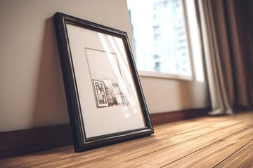 Poster - A framed architectural sketch rests against a wall on a wooden floor, creating a modern and artistic ambiance, with a blurred city view visible through a window.