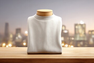 Poster - A folded white sweater on a wooden table with a blurred city background and natural light. Concept of cozy and fashionable clothes for sale and online stores.