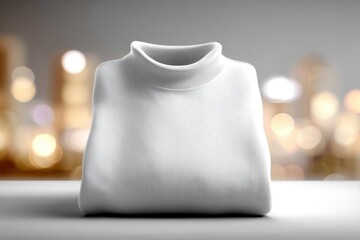 Poster - A neatly folded white turtleneck sweater on a blurred background, showcasing minimalist fashion apparel, design, clothing, comfortable elegance, style and simplicity.