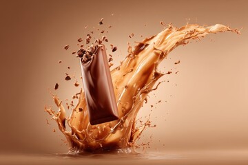 Poster - A captivating shot of a chocolate bar in mid-air, colliding with a splash of liquid chocolate, with broken bits scattering around it, isolated on a light brown background.