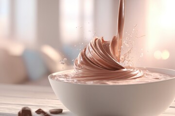 Poster - Chocolate pouring into a bowl, creating a creamy texture with splashes, illuminated by soft light, enhancing the richness and indulgence of the dessert, a sweet treat experience.