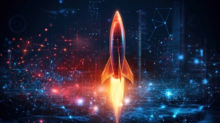 Fototapete - Futuristic rocket launching amidst digital network.