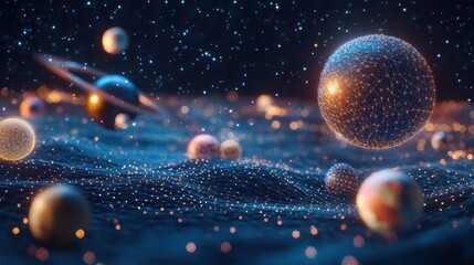 Poster - abstract cosmic landscape with glowing planets and nebula.