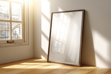 Poster - An elegant full-length mirror resting against a white wall, reflecting a bright window, creating a sense of spaciousness and light in a modern interior setting with wood floors.