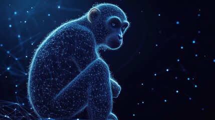 Poster - A digital rendering of a chimpanzee, composed of glowing blue lines and dots, against a dark background with sparkling lights.
