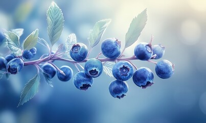 Poster - Fresh blueberries on branch with vibrant leaves and soft blue background