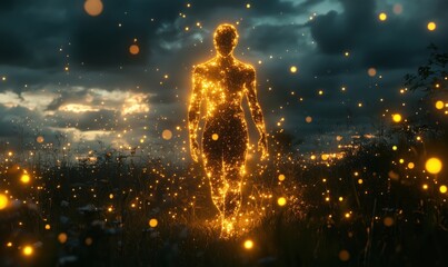 Poster - Glowing silhouette of a human figure surrounded by sparkling particles at sunset