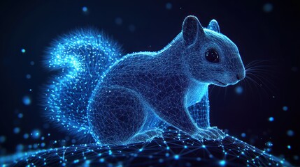 Poster - glowing wireframe squirrel sitting on a rock, digital art.