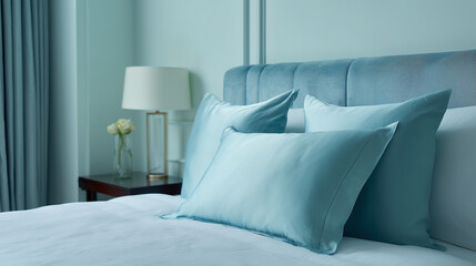 Poster - Serene bedroom with luxury fabrics, plain color bedding, soft blue pillows, upholstered headboard, and elegant decor creates calm and peaceful atmosphere