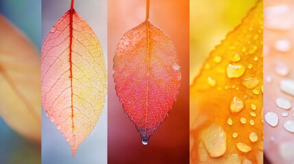 Poster - Autumnal Leaves Displaying Vibrant Colors and Water Droplets in a Close-Up Vertical Composition