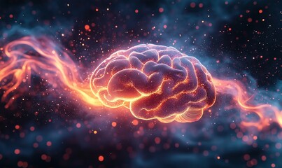Poster - glowing brain illustration with vibrant energy and cosmic background