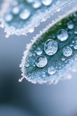 Poster - Frosty Leaf Close Up with Water Droplets Macro Shot Cold Winter Season Nature Beauty Detail