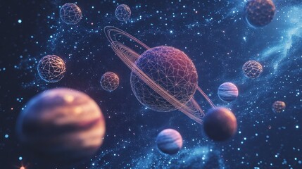 Poster - futuristic planets connected by glowing lines in space.