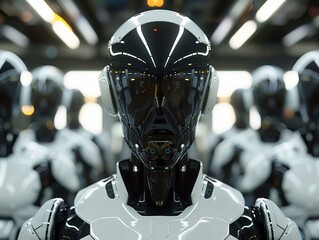 Poster - Futuristic Assembly: A Brigade of Sleek Robots in a Modern Facility
