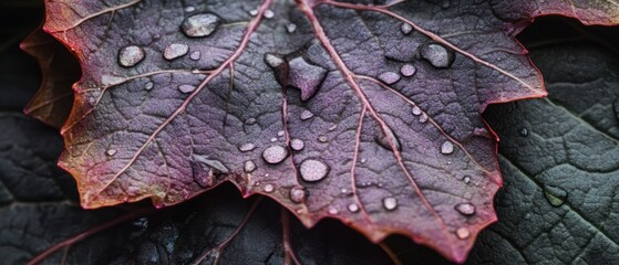 Poster - Close-up of Purple Leaf with Water Droplets Sparkling in the Light Macro Shot Nature Photography