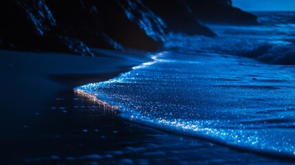 Wall Mural - a serene shoreline at twilight. waves gently lap at the shore, reflecting soft blue hues in the twil