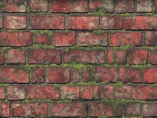 Poster - Close-up of aged red brick wall with green moss growing in the mortar joints, full frame, textured surface, architectural detail