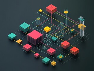 Poster - Abstract geometric composition illustrating interconnected systems and flowcharts