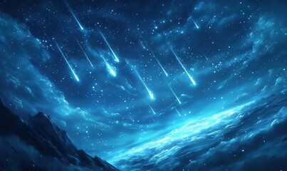 Poster - Stunning night sky with shooting stars and celestial phenomena over clouds