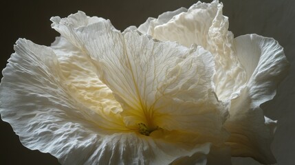 Poster - Delicate White Flower Petals Unfolding in Soft Light Close-Up Studio Shot Revealing Veins and Texture for Floral Beauty and Botanical Art