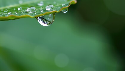 Wall Mural - macro view of water droplets on green leaf surface with blurred natural background