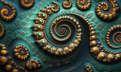 Poster - Intricate golden spiral fractal design with teal background and detailed patterns