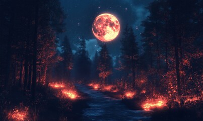 Poster - Eerie forest landscape illuminated by full moon and glowing foliage at night