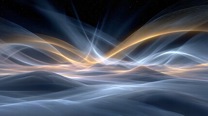 Poster - Abstract Blue and Gold Waves with Glowing Particles in Dark Night Sky