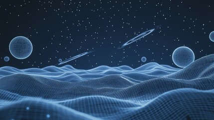 Poster - wireframe landscape with planets and galaxies in a dark starry night sky.