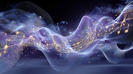 Poster - Abstract Glowing Wave Background with Purple Blue and Gold Particles