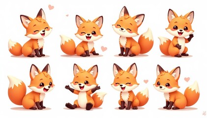  Set of adorable cartoon foxes in playful poses on white background, cute, fox