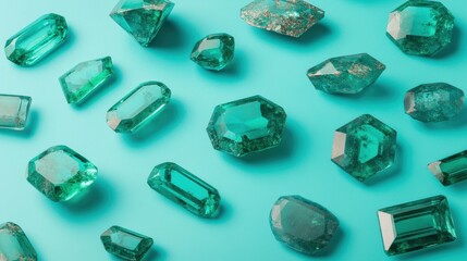 Poster - Emerald gemstones scattered on a turquoise surface overhead studio shot luxury and wealth concept precious stone mineral specimen